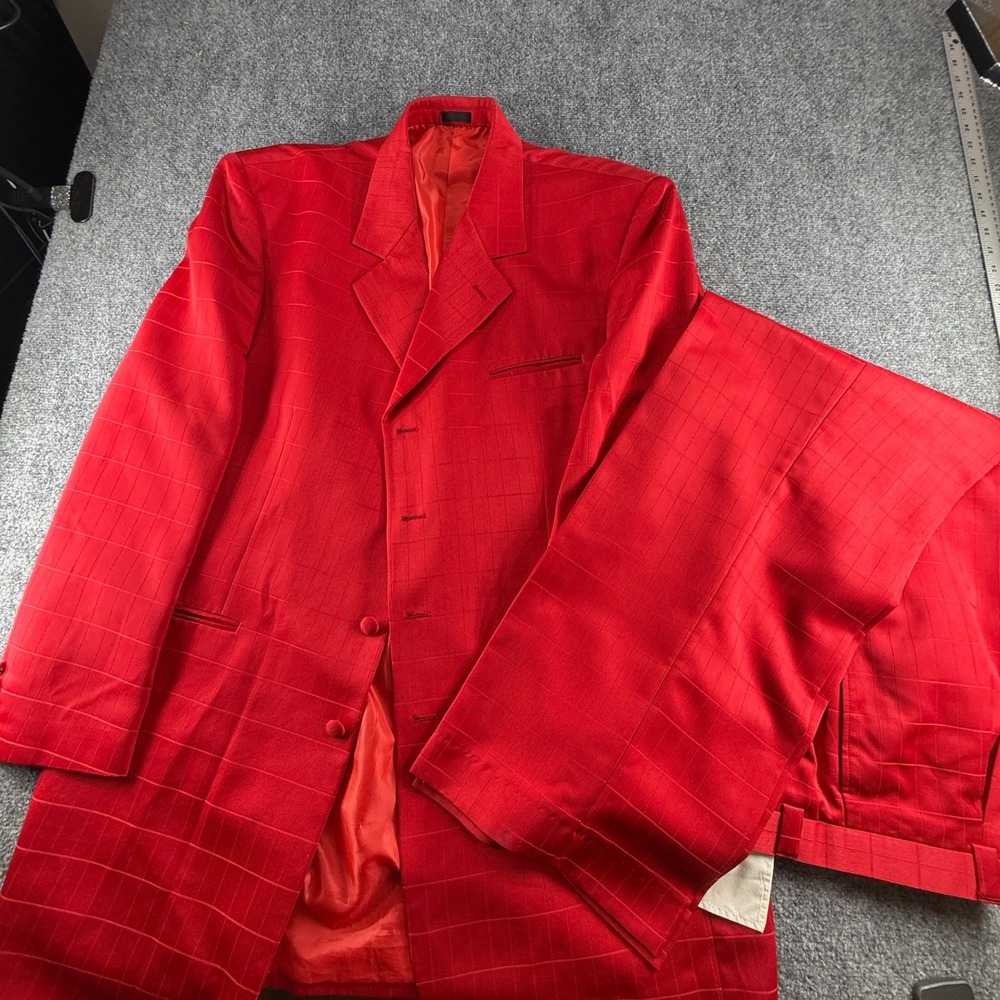 Mens Red Grid Pattern 2 Piece Suit Set Jacket 48L Pants 42L RN 63827 Korea